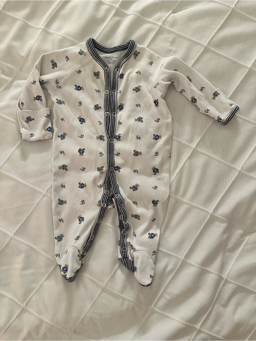 Ralph Lauren White Footed One-Piece with Navy Trim and Blue Bear Prints